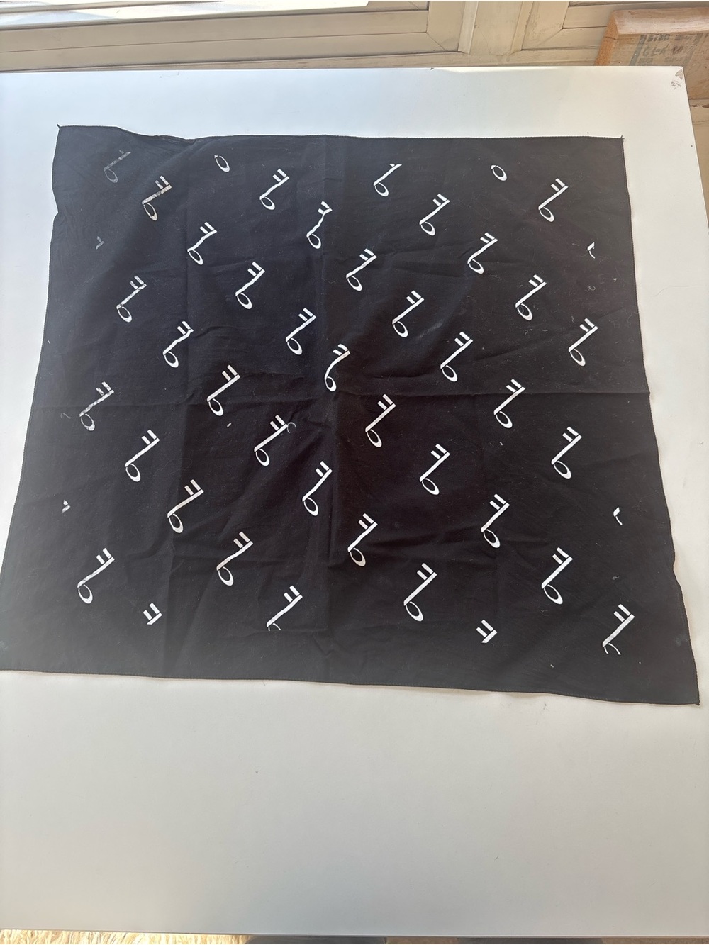 Black Square Scarf with White Logo Pattern